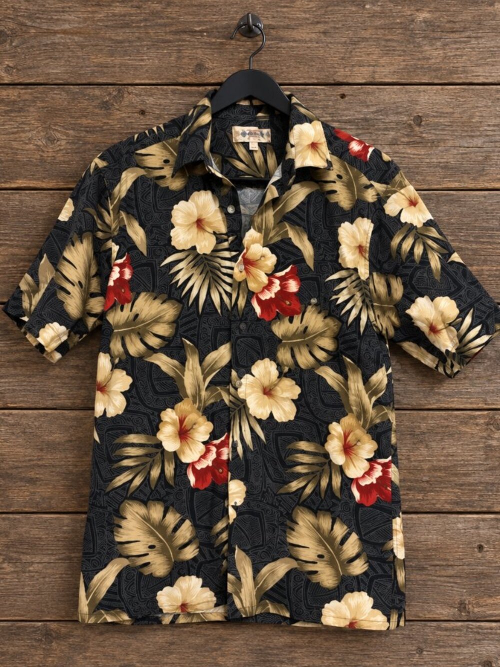 Campia Moda Hawaiian Shirt Small Black Tropical Hibiscus Floral Button Up